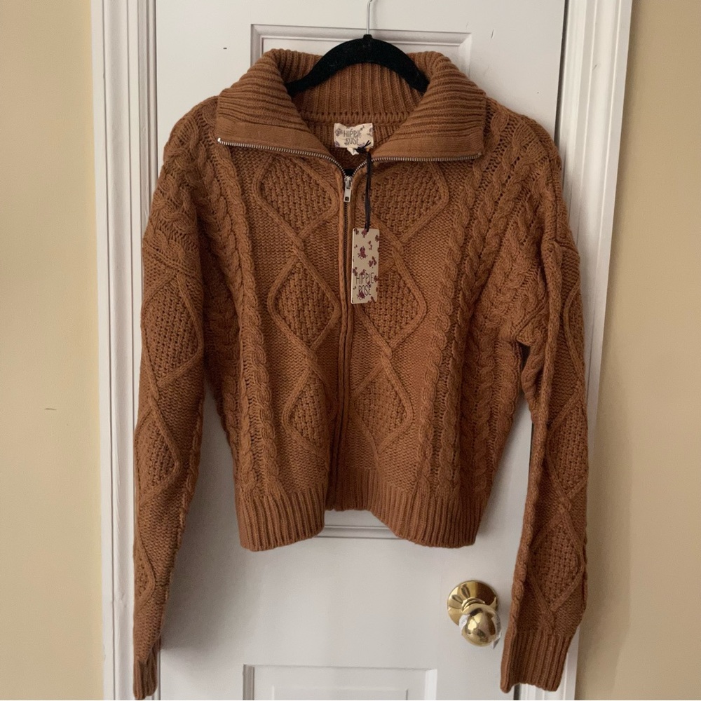 NWT Hippie Rose Cable Knit Full Zip Collared Brown Sweater Jacket